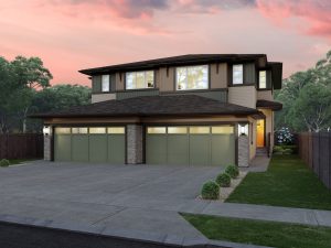 Landon front-attached duplex exterior in Keswick, Edmonton with dual front garages Rohit Homes